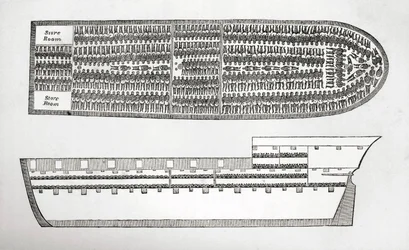 Plan showing how slaves were transported on board a slave ship in the 18th century, engraving.