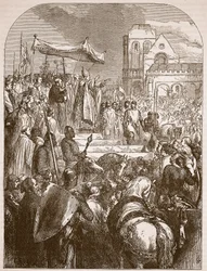Pope Urban II preaching the First Crusade in the marketplace of Clermont, 1096 (Illustration from Cassell