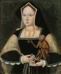 Portrait of Catherine of Aragon (1485-1536), Queen of England, half-length, in a black and white dress with a pendant cross, holding a marmoset and a coin