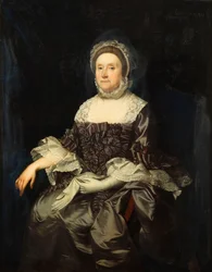 Portrait of Deborah Worsley of Platt, seated three quarter length, in a Mauve Dress with White Lace Collar and Cuffs, holding a Pair of Gloves