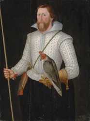 Portrait of Sir Thomas Monson, Half-Length, in a Slashed White Doublet, Girdled with a Sword, Holding a Falcon and His Wand of Office