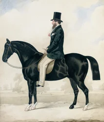Portrait of a gentleman in a top hat, seated on a black hunter