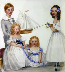 Portrait of four children holding a sailboat and kitten, c.1830
