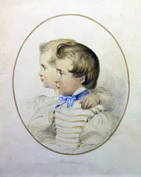 Portrait of two brothers in military costume