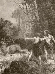 Prehistoric Man Hunting with Bow and Arrow and Spear