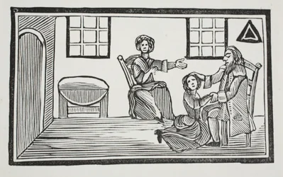 Pretty Bessie receiving her fathers blessing when going to seek her own livelihood (illustration)