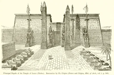 Principal Facade of the Temple of Luxor (Thebes). Restoration by Ch. Chipiez (Perrot and Chipiez, Hist. of Arch., vol. i. p. 349)