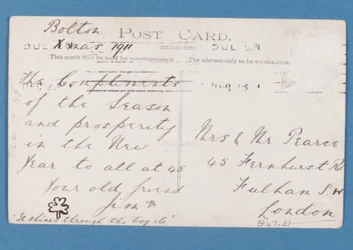 Reverse side of Bolton Wanderers FC players postcard, 1911-12