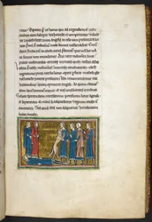 Royal 12 F.XIII, f.33 Dog identifying a murderer, from Bestiary (ff. 3-141), Lapidary (ff. 141v-149), 2nd quarter of the 13th century