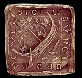 Seal of the City of Dunwich in Suffolk. A ship is represented in a rough sea, probably alluding to the storms that destroyed part of the city in 1286 and 1347. 14th century. Paris, National Archive