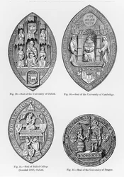 Seals of the University of Oxford, Cambridge, Balliol College, Oxford and University of Prague, illustration from Science and Literature of the Middle Ages and the Renaissance, written by Paul Lacroix