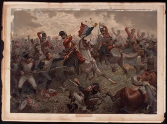 Sergeant Evert capturing the French colours during the charge of the Scots Greys at the Battle of Waterloo, 18th June 1815, c.1908