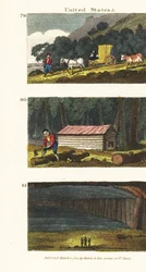 Settlers in a Wagon Traveling to the Western States, Settlers Building a Log Cabin, and View of Mammoth Cave in Kentucky