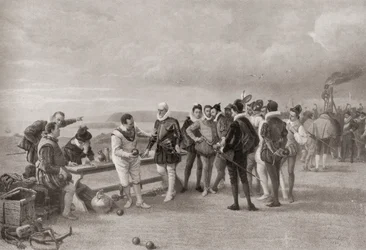 Sir Francis Drake playing bowls, with the Spanish Armada in sight at Plymouth Hoe, England in 1588
