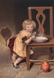 Smiling Child Eating a Meal off a Chair