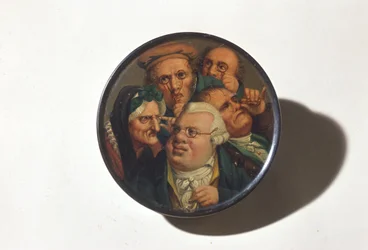Snuff box, hand painted with a scene of different kinds of eyewear, early 19th century