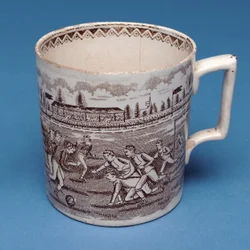 Staffordshire pint mug with sepia transfer of a football match (ceramic)