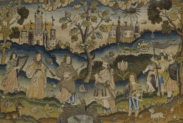 Stumpwork with Scene of Five Musicians in Garden with Tree, mid 17th century (fabric)