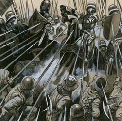 Swiss soldiers defeating the Burgundian army in 1476-77