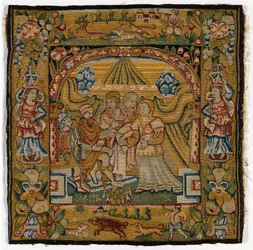 Tapestry cushion cover depicting Susannah before Judge