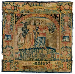 Tapestry cushion cover depicting Susannah on her way to the bath