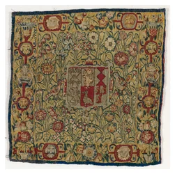 Tapestry Cushion Cover Depicting the Arms of Sacheverell, Made in Sheldon, England, After 1600