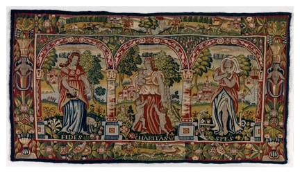 Tapestry long cushion depicting Faith, Hope and Charity