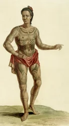 Tattooed Hawaiian warrior, 1824