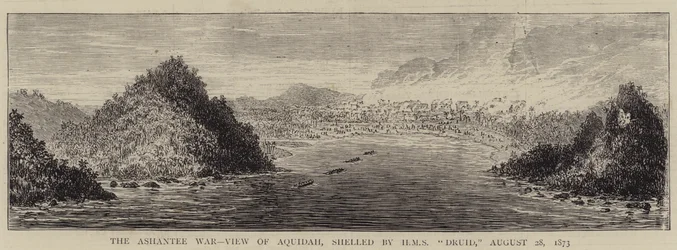 The Ashantee War, View of Aquidah, shelled by HMS 