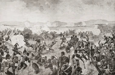 The Battle of Ulundi in 1879 showing the final rush of the Zulus and the British square in the distance, from 