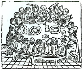 The Canterbury Pilgrims sitting down for a shared meal, illustration from Geoffrey Chaucer