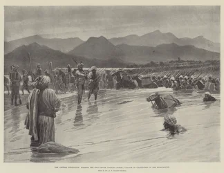 The Chitral Expedition, fording the Swat River, looking North; Village of Chatedarra in the Background