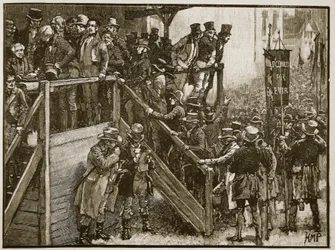 The Clare Contest: Father Murphy leading his tenants to the poll, illustration from Cassell