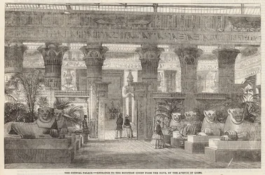 The Crystal Palace: Entrance to the Egyptian Court from the Nave by the Avenue of Lions