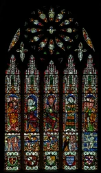 The east window depicting the Last Judgement: Christ, Virgin Mary, St John Baptist (rose window - internal)