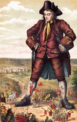 The Emperor of Lilliput and his army marching between Gulliver