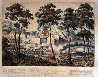 The Exterior of Hougoumont at the Commencement of the Battle of Waterloo, 18th June 1815, engraved by T. Sutherland, published 1816
