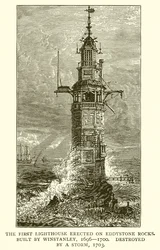 The First Lighthouse Erected on Eddystone Rocks. Built by Winstanley, 1696-1700, Destroyed by a Storm, 1703
