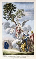 The Genius of Health receiving Europe, Asia, Africa and America and delivering them to the British Reader, 1756-1757