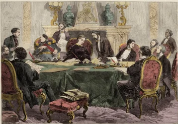 The Empress Regent Eugenie presiding at a Council of Ministers. Illustration for The Illustrated London News