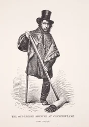 The One-Legged Sweeper at Chancery Lane, from a photograph, illustration from London Labour and London Poor by Henry Mayhew, pub. 1862