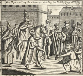 The Pope riding, the Emperor holding his bridle, Kings walking before him, illustration from Acts and Monuments by John Foxe, ninth edition, pub. 1684