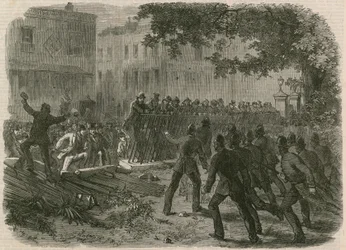 The Riot in Hyde Park: The mob pulling down the railings in Park Lane