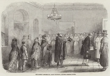 The Russian Ambassador, Baron Brunnow, leaving Chesham House