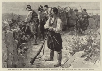 The Troubles in Crete, Insurgents in a Mountain Fastness on the Look-out for the Turkish Troops
