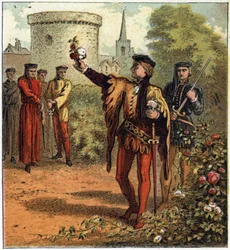 The War of the Two Roses (1455-1485): The Beginning of the Conflict. One Lord of the Royal House of York Picks a White Rose and Another from the Royal House of Lancaster Picks a Red Rose. Illustration of the English Civil War Born by the Division of the Su