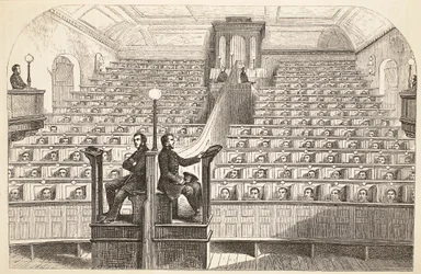 The chapel, on the separate system, in Pentonville Prison, during divine service, illustration from The Criminal Prisons of London and Scenes from Prison Life by Henry Mayhew and John Binny, pub. 1862