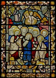 The east window depicting Apostles gathering for the Funeral of the Virgin Mary