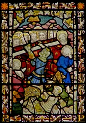 The east window depicting the Funeral of the Virgin Mary and the overturning of the coffin (the Boy from Bourges)