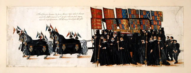 The funeral procession of Queen Elizabeth I to Westminster Abbey, 28 April 1603. The chariot is drawn by four horses. The coffin is covered in purple velvet on which lies an effigy of the Queen. The canopy is born by six knights, with Gentlemen Pensioners